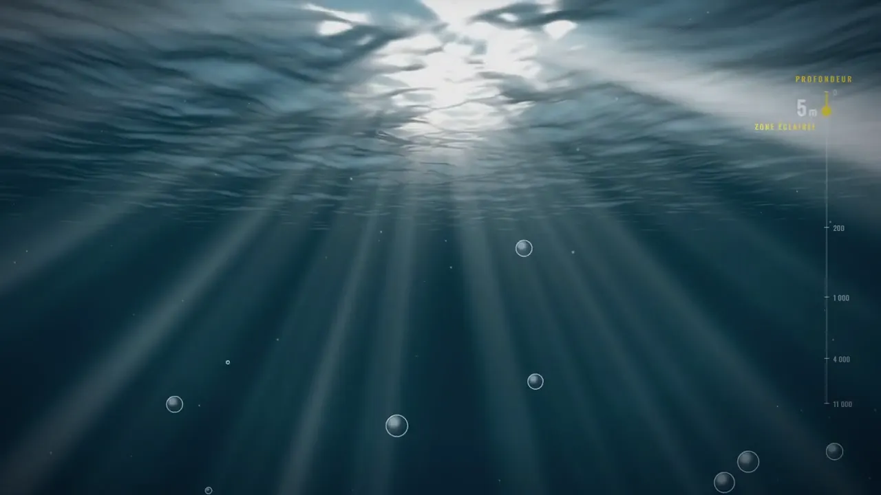 Vue sous-marine : rayons de lumière sous la surface, bulles et jauge de profondeur sur le côté